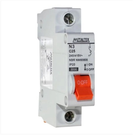 N3-1c25 Mini Disjuntor 3ka Unipolar Curva C 25a Metaltex - Imagem 2