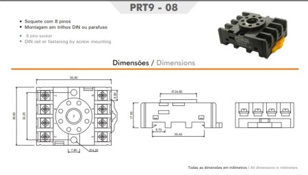 PRT9-08 - SOQUETE 8 PINOS PARA TRILHO DIN BASE - Imagem 3