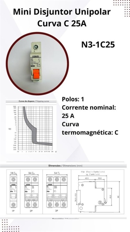 N3-1c25 Mini Disjuntor 3ka Unipolar Curva C 25a Metaltex - Imagem 9