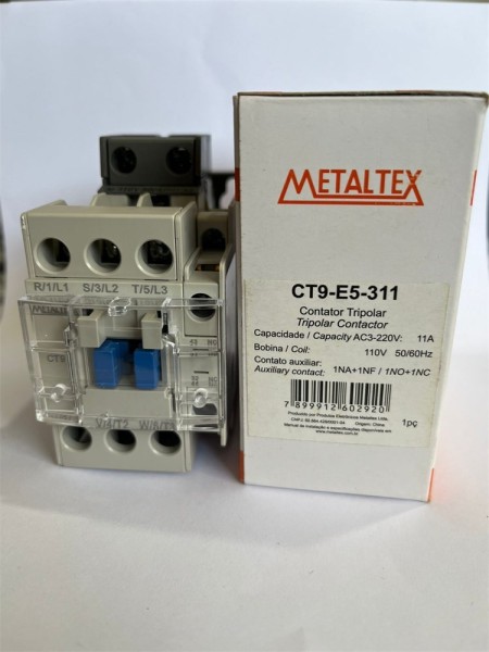 CT9-E5-311 CONTATOR TRIPOLAR 11A AC3 BOB: 110VCA 1NA/1NF METALTEX - Imagem 5