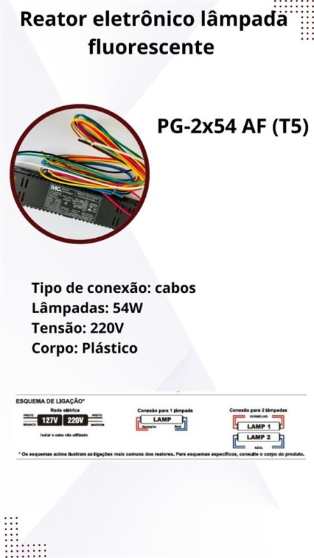 REATOR ELETRONICO PARA 2 LAMPADAS 54W T5 220V PG-2X54 AF2PP MARGIRIUS - Imagem 7